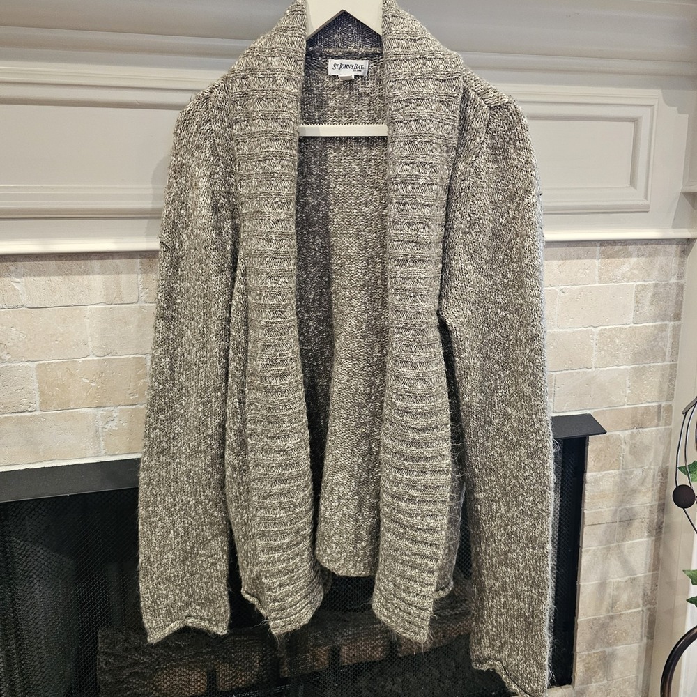 St. Johns Bay Womens L Gray Acrylic Knit Shawl Collar Open Front Sweater